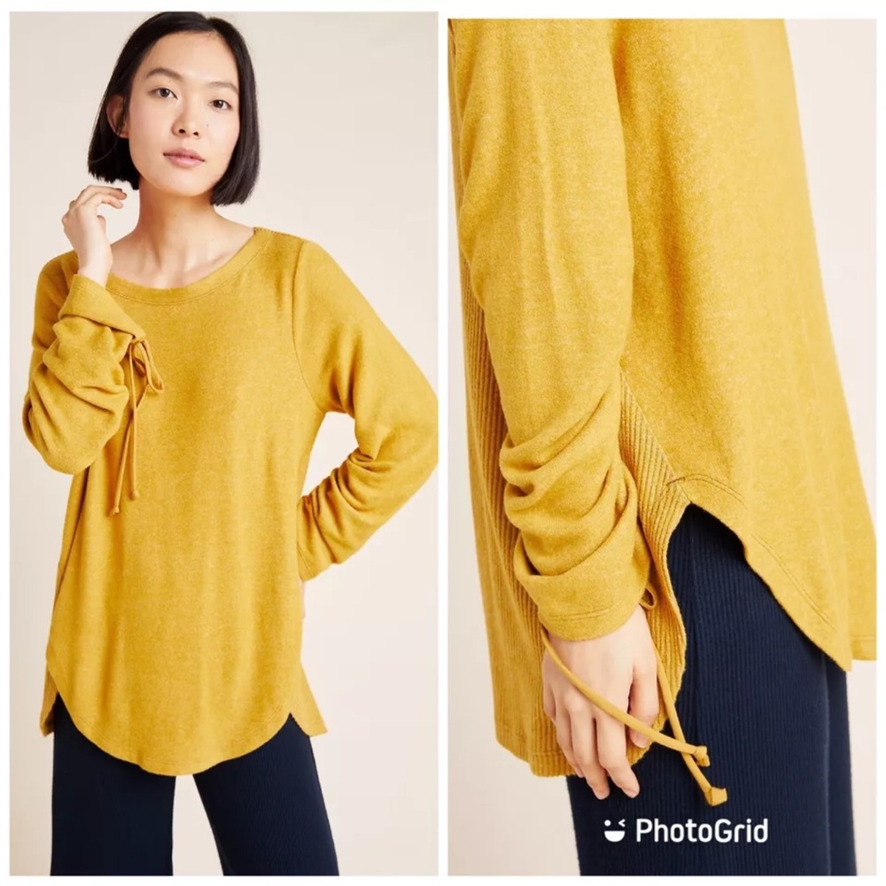 Anthropologie Saturday Sunday Tenley Ruched Tunic Gold Ribbed Slouchy Women's L